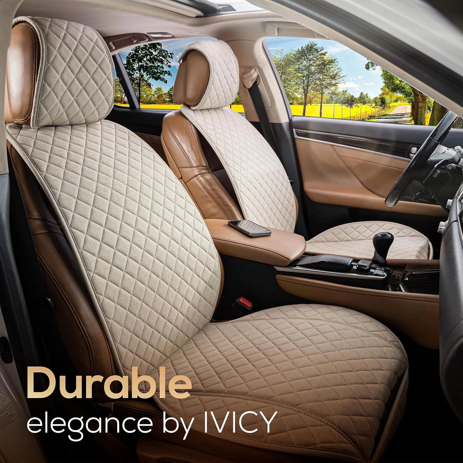 IVICY Linen Car Seat Cover for Cars - Non-Slip Soft & Breathable - Front Car Seat Protector Covers Universal Fits Most Automotive, Vans, SUVs, Trucks - 1 Unit - Beige