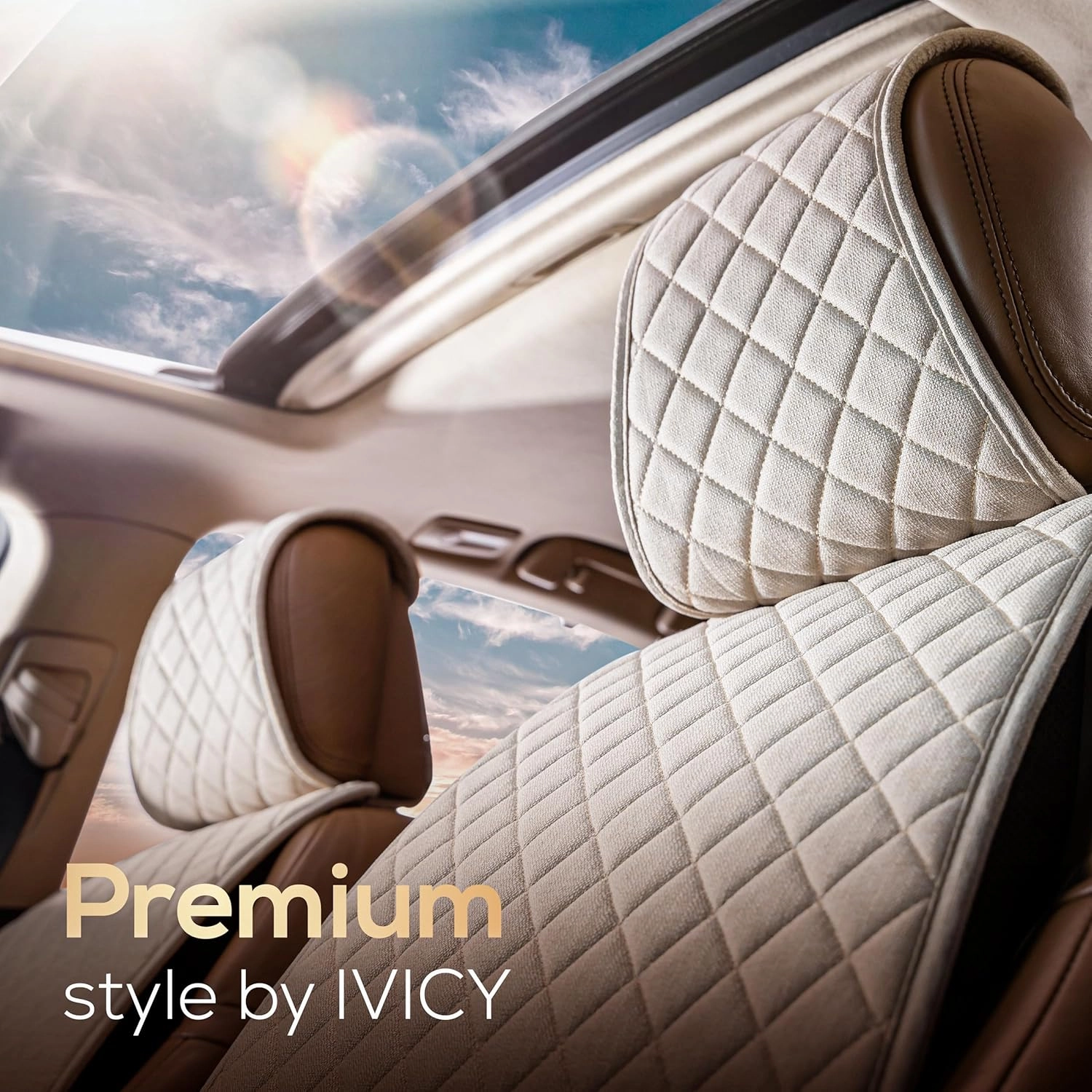 IVICY Linen Car Seat Cover for Cars - Non-Slip Soft & Breathable - Front Car Seat Protector Covers Universal Fits Most Automotive, Vans, SUVs, Trucks - 1 Unit - Beige
