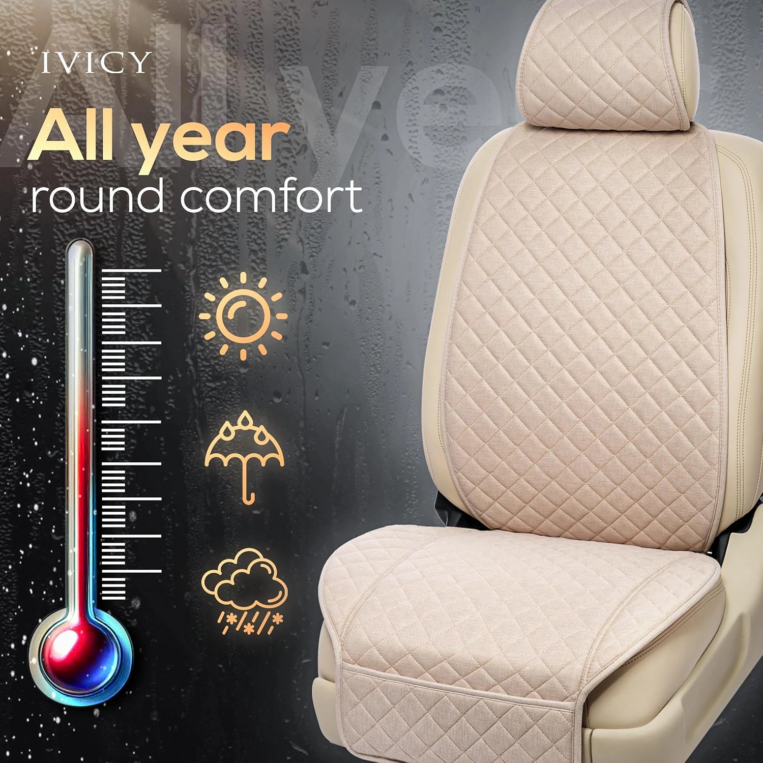 IVICY Linen Car Seat Cover for Cars - Non-Slip Soft & Breathable - Front Car Seat Protector Covers Universal Fits Most Automotive, Vans, SUVs, Trucks - 1 Unit - Beige