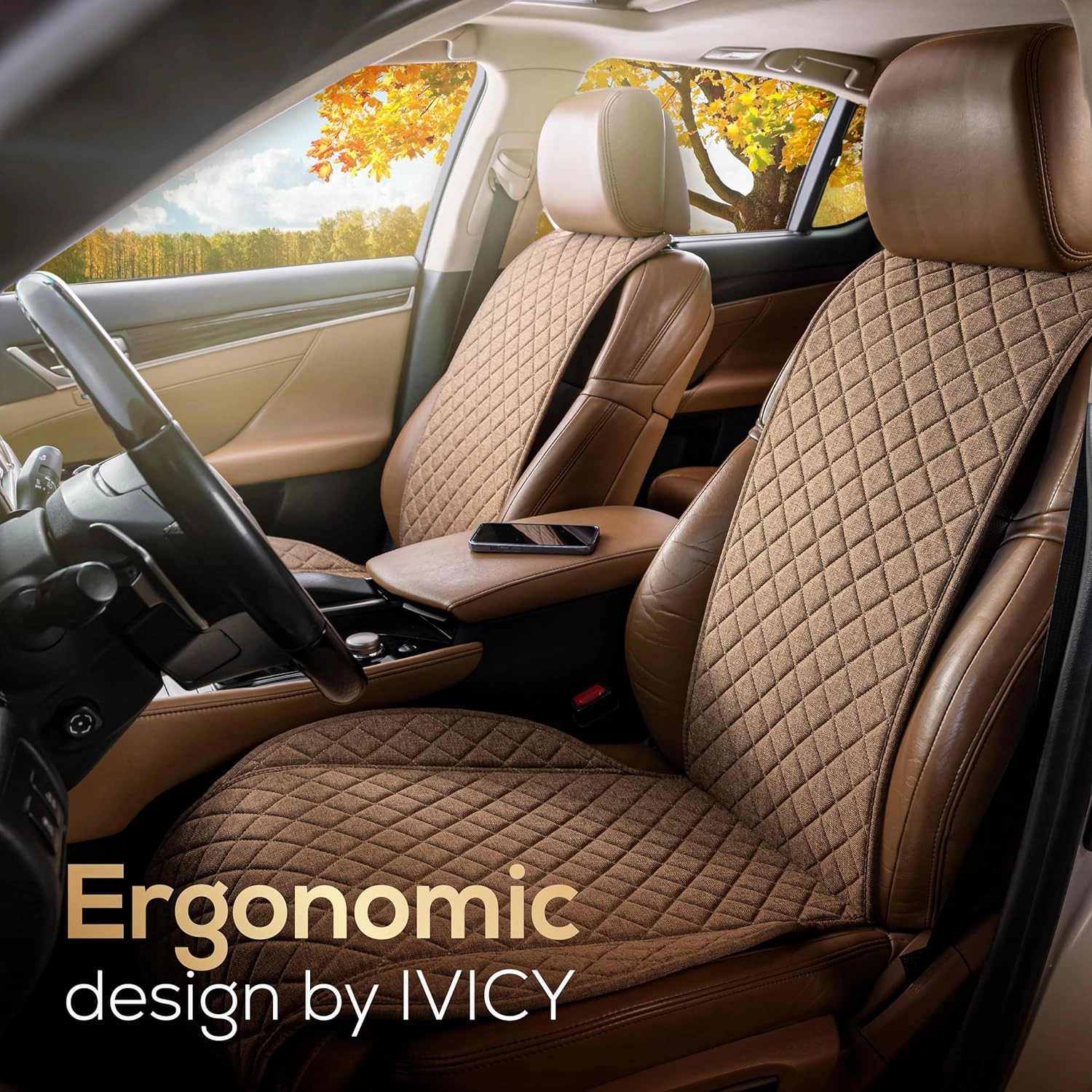 IVICY Linen Car Seat Cover for Cars - Non-Slip Soft & Breathable - Front Car Seat Protector Covers Universal Fits Most Automotive, Vans, SUVs, Trucks - 1 Unit - Brown