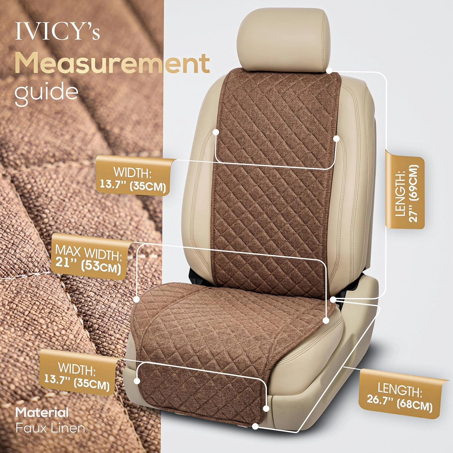 IVICY Linen Car Seat Cover for Cars - Non-Slip Soft & Breathable - Front Car Seat Protector Covers Universal Fits Most Automotive, Vans, SUVs, Trucks - 1 Unit - Brown