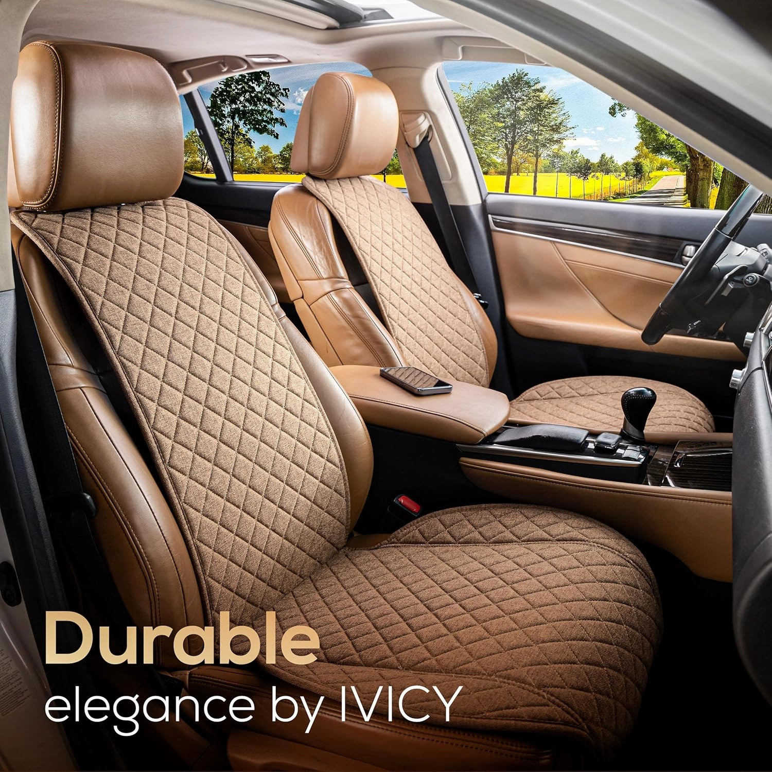 IVICY Linen Car Seat Cover for Cars - Non-Slip Soft & Breathable - Front Car Seat Protector Covers Universal Fits Most Automotive, Vans, SUVs, Trucks - 1 Unit - Brown