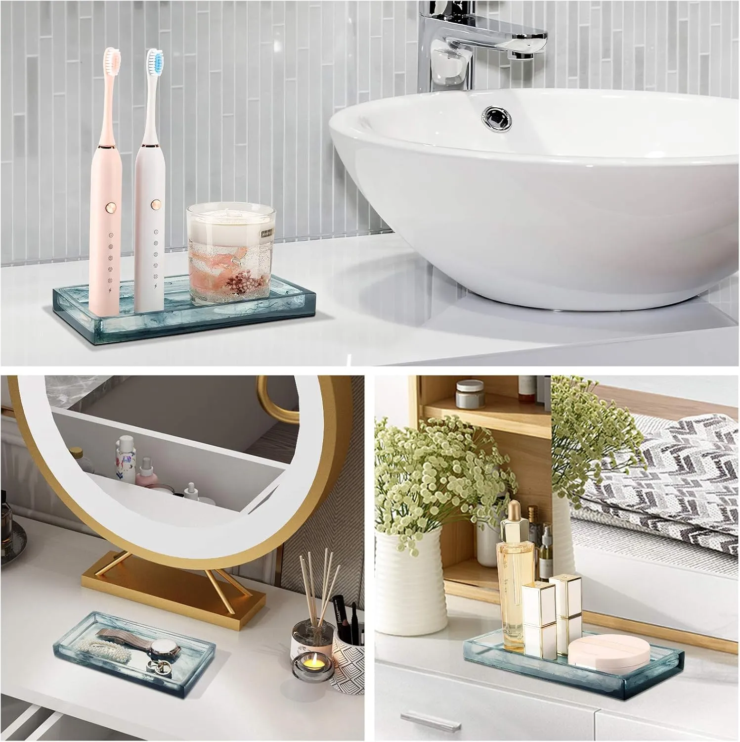 Jewelry Organizer Resin Tray, Bathroom Kitchen Dresser Vanity Organizer for Jewelry Cosmetic Shower Tissue Candle Perfume Soap Towel Shampoo Small Plant Decoration, Mini Size, Ink Blue