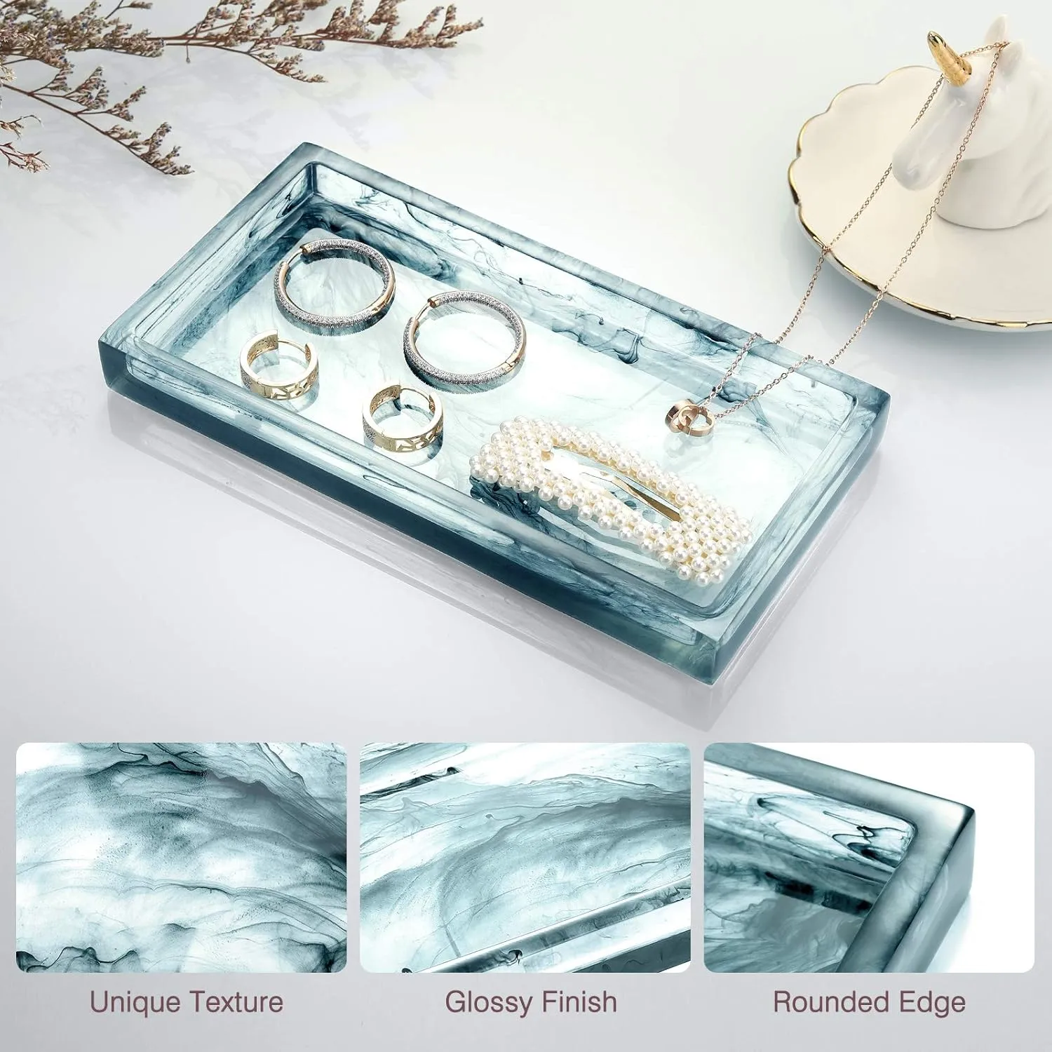 Jewelry Organizer Resin Tray, Bathroom Kitchen Dresser Vanity Organizer for Jewelry Cosmetic Shower Tissue Candle Perfume Soap Towel Shampoo Small Plant Decoration, Mini Size, Ink Blue