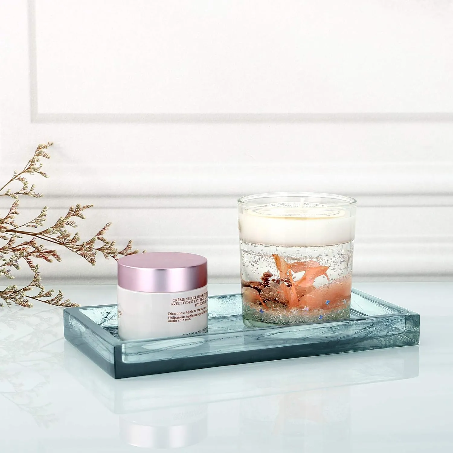 Jewelry Organizer Resin Tray, Bathroom Kitchen Dresser Vanity Organizer for Jewelry Cosmetic Shower Tissue Candle Perfume Soap Towel Shampoo Small Plant Decoration, Mini Size, Ink Blue