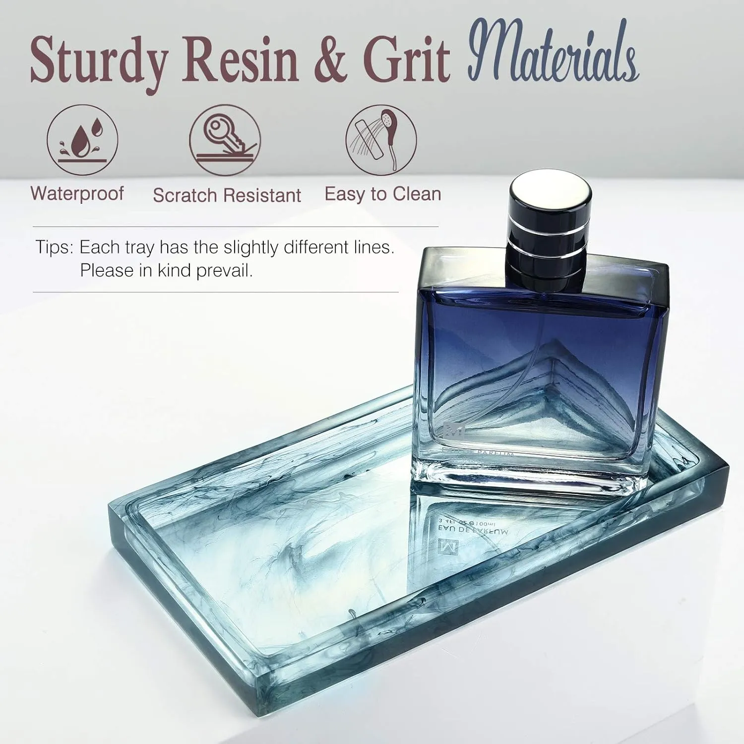 Jewelry Organizer Resin Tray, Bathroom Kitchen Dresser Vanity Organizer for Jewelry Cosmetic Shower Tissue Candle Perfume Soap Towel Shampoo Small Plant Decoration, Mini Size, Ink Blue
