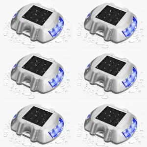 JIGUOOR Solar Deck Lights LED Driveway Lights Solar Powered Dock Light Outdoor IP68 Waterproof Road Markers for Step Sidewalk Stair Boat Garden Ground Pathway Yard (Blue, 6 Pack)