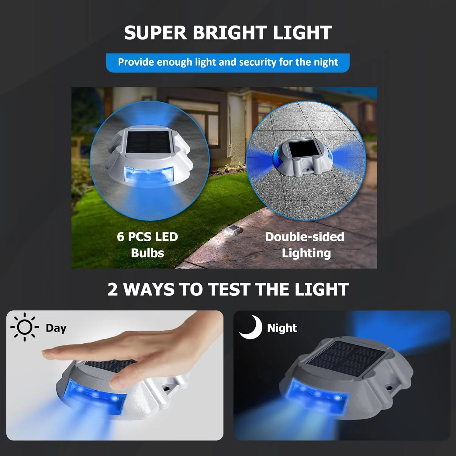 JIGUOOR Solar Deck Lights LED Driveway Lights Solar Powered Dock Light Outdoor IP68 Waterproof Road Markers for Step Sidewalk Stair Boat Garden Ground Pathway Yard (Blue, 6 Pack)