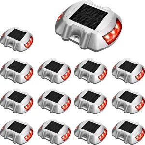 JIGUOOR Solar Deck Lights LED Driveway Lights Solar Powered Dock Light Outdoor IP68 Waterproof Road Markers for Step Sidewalk Stair Boat Garden Ground Pathway Yard (Red, 14 Pack)