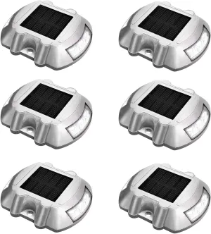 JIGUOOR Solar Deck Lights LED Driveway Lights Solar Powered Dock Light Outdoor IP68 Waterproof Road Markers for Step Sidewalk Stair Boat Garden Ground Pathway Yard (White, 6 Pack)