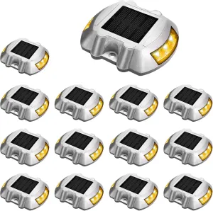 JIGUOOR Solar Deck Lights LED Driveway Lights Solar Powered Dock Light Outdoor IP68 Waterproof Road Markers for Step Sidewalk Stair Boat Garden Ground Pathway Yard (Yellow, 14 Pack)