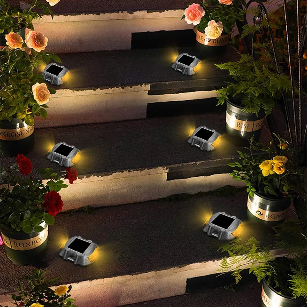 JIGUOOR Solar Deck Lights LED Driveway Lights Solar Powered Dock Light Outdoor IP68 Waterproof Road Markers for Step Sidewalk Stair Boat Garden Ground Pathway Yard (Yellow, 6 Pack)