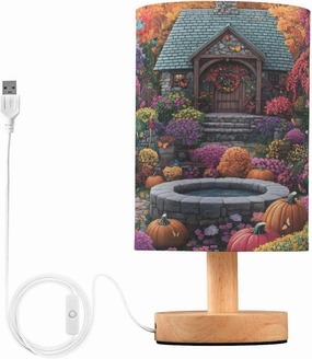 Joisal Cottage Garden Autumn Small Lamp for Nightstand, Desktop Lamp with Linen Shade Small Living Room Lamp, Cozy Bedroom Decor