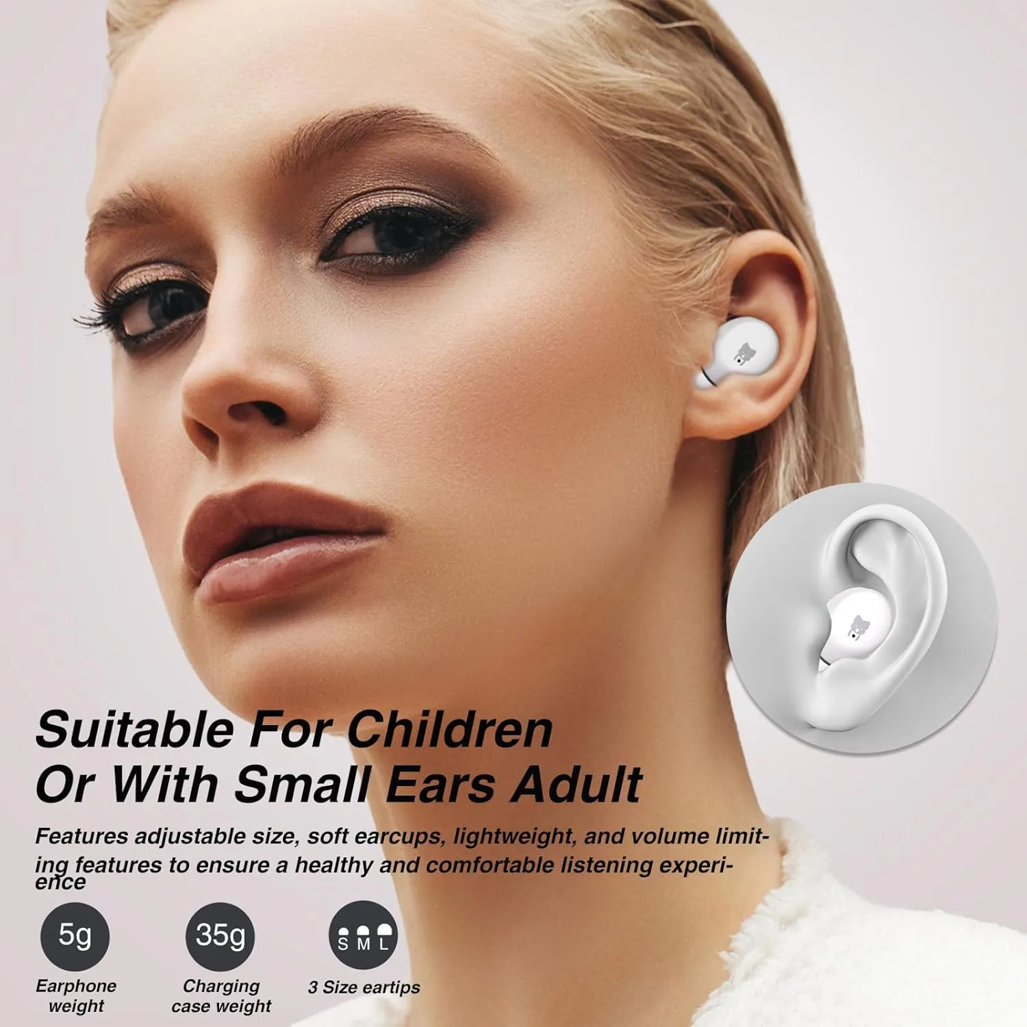 Kids Wireless Earbuds, Bluetooth 5.3 In Ear Kids Bluetooth Headphones, Safe Volume Limited, Stereo Sound with Mic, IPX6 Waterproof, 30H Playtime, Perfect for School and Outdoor Activities-White Bear