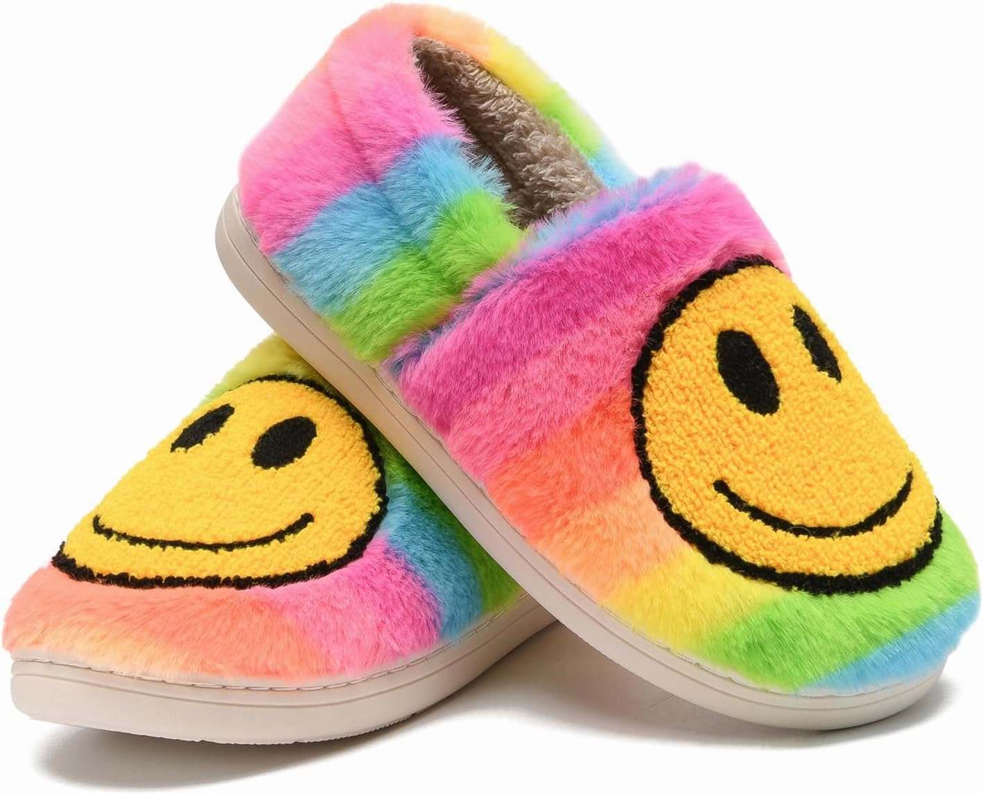 Kids Smile Face Slippers for Boys Girls, Cute Plush Fuzzy Toddler Infant Happy Face Slippers, Indoor Outdoor Non-slip Robber Sole with Memory Foam Warm Pillow House Shoes