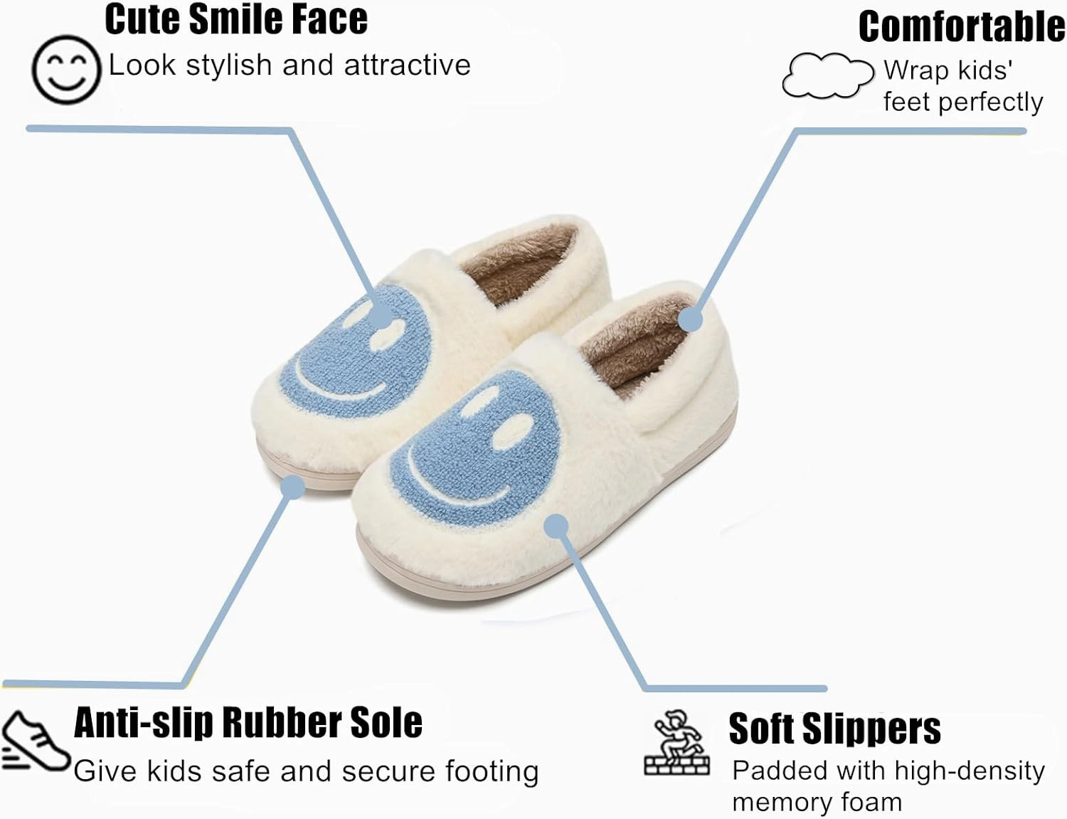 Kids Smile Face Slippers for Boys Girls, Cute Plush Fuzzy Toddler Infant Happy Face Slippers, Indoor Outdoor Non-slip Robber Sole with Memory Foam Warm Pillow House Shoes