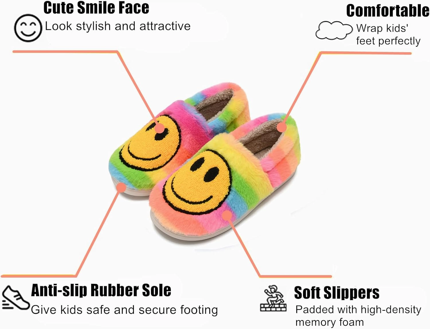 Kids Smile Face Slippers for Boys Girls, Cute Plush Fuzzy Toddler Infant Happy Face Slippers, Indoor Outdoor Non-slip Robber Sole with Memory Foam Warm Pillow House Shoes