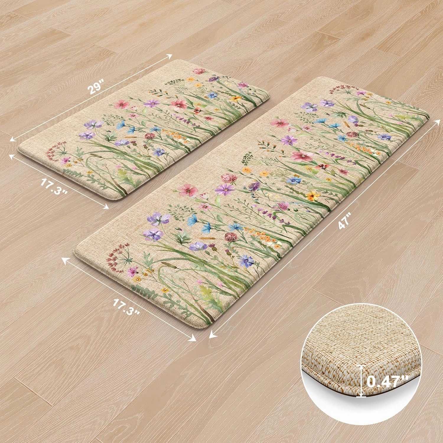KIMODE Anti Fatigue Kitchen Mat, 17"x47" 17"x29" Floral Kitchen Rugs Sets of 2, Farmhouse Kitchen Floor Mats Non-Slip Cushioned, Comfort Standing Desk Mat for Sink, Laundry,Home Brown