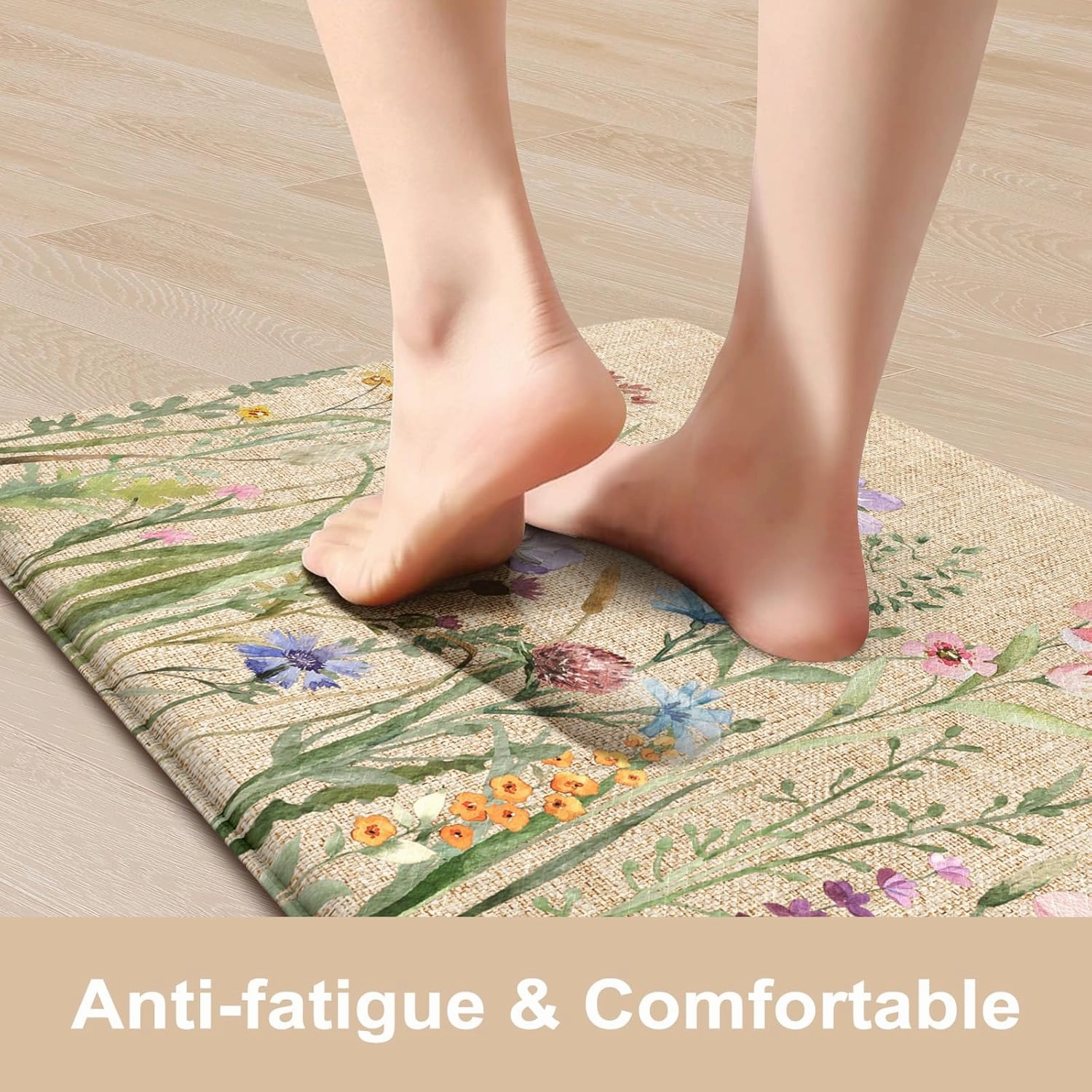 KIMODE Anti Fatigue Kitchen Mat, 17"x47" 17"x29" Floral Kitchen Rugs Sets of 2, Farmhouse Kitchen Floor Mats Non-Slip Cushioned, Comfort Standing Desk Mat for Sink, Laundry,Home Brown