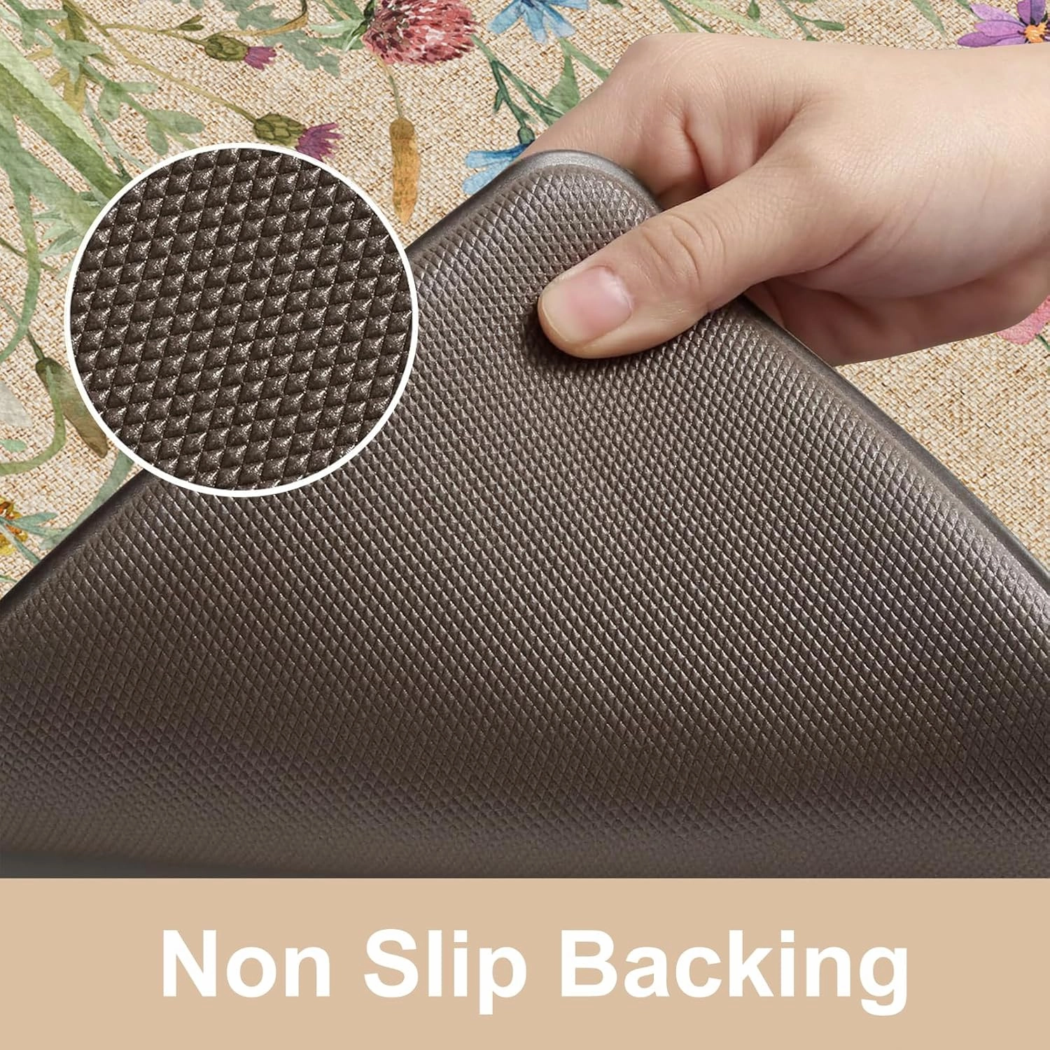 KIMODE Anti Fatigue Kitchen Mat, 17"x47" 17"x29" Floral Kitchen Rugs Sets of 2, Farmhouse Kitchen Floor Mats Non-Slip Cushioned, Comfort Standing Desk Mat for Sink, Laundry,Home Brown