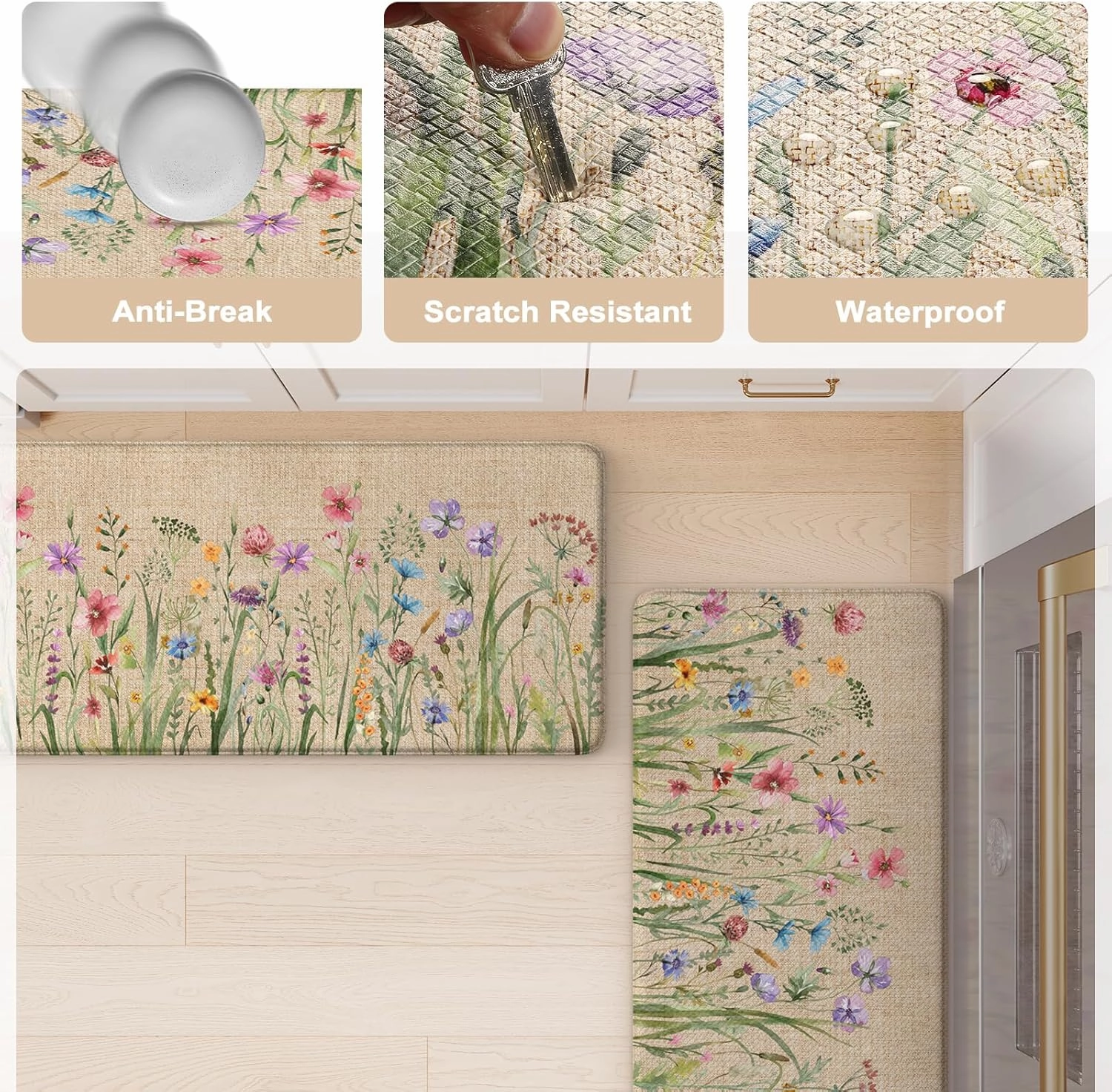 KIMODE Anti Fatigue Kitchen Mat, 17"x47" 17"x29" Floral Kitchen Rugs Sets of 2, Farmhouse Kitchen Floor Mats Non-Slip Cushioned, Comfort Standing Desk Mat for Sink, Laundry,Home Brown