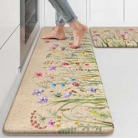 KIMODE Anti Fatigue Kitchen Mat, 17"x47" 17"x29" Floral Kitchen Rugs Sets of 2, Farmhouse Kitchen Floor Mats Non-Slip Cushioned, Comfort Standing Desk Mat for Sink, Laundry,Home Brown