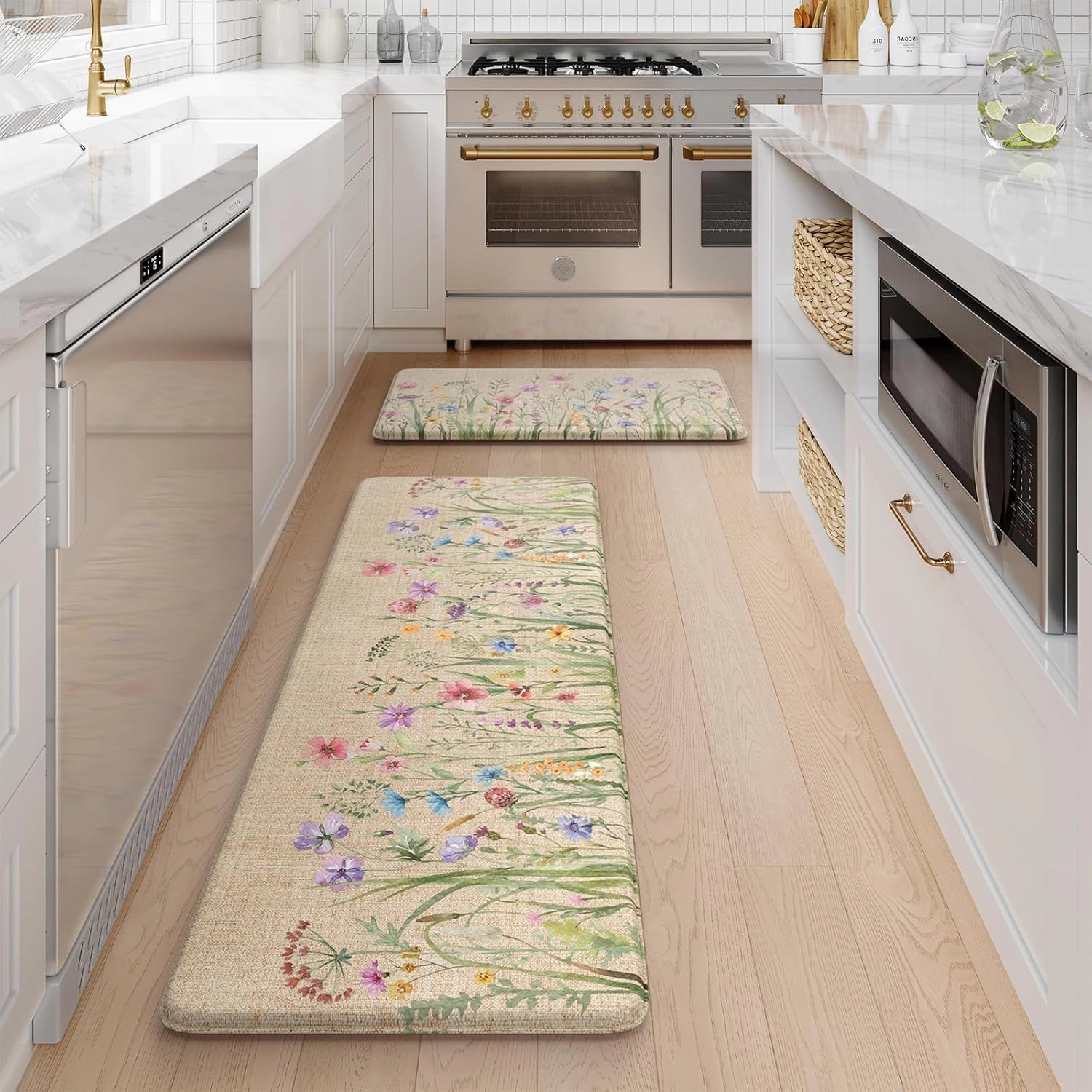KIMODE Anti Fatigue Kitchen Mat, 17"x47" 17"x29" Floral Kitchen Rugs Sets of 2, Farmhouse Kitchen Floor Mats Non-Slip Cushioned, Comfort Standing Desk Mat for Sink, Laundry,Home Brown