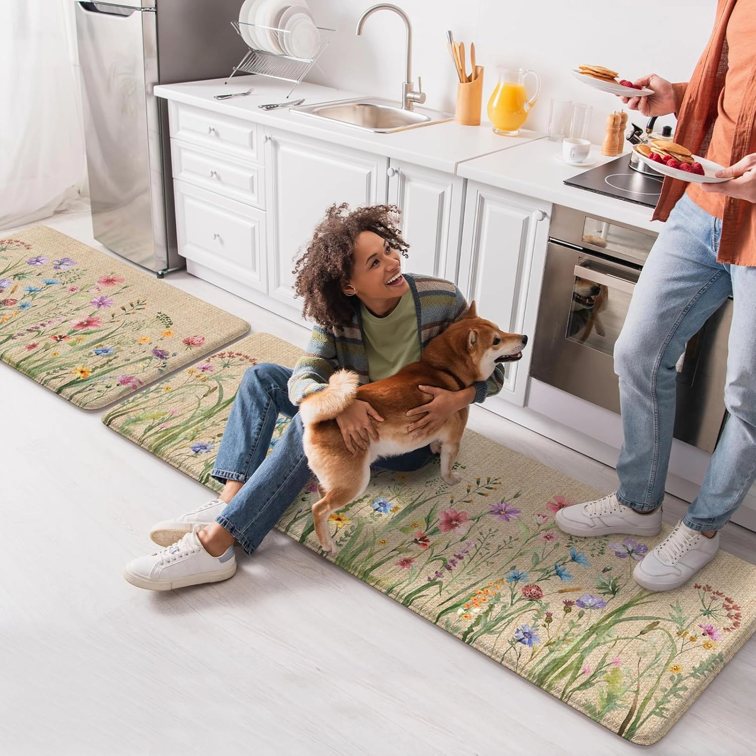 KIMODE Anti Fatigue Kitchen Mat, 17"x47" 17"x29" Floral Kitchen Rugs Sets of 2, Farmhouse Kitchen Floor Mats Non-Slip Cushioned, Comfort Standing Desk Mat for Sink, Laundry,Home Brown