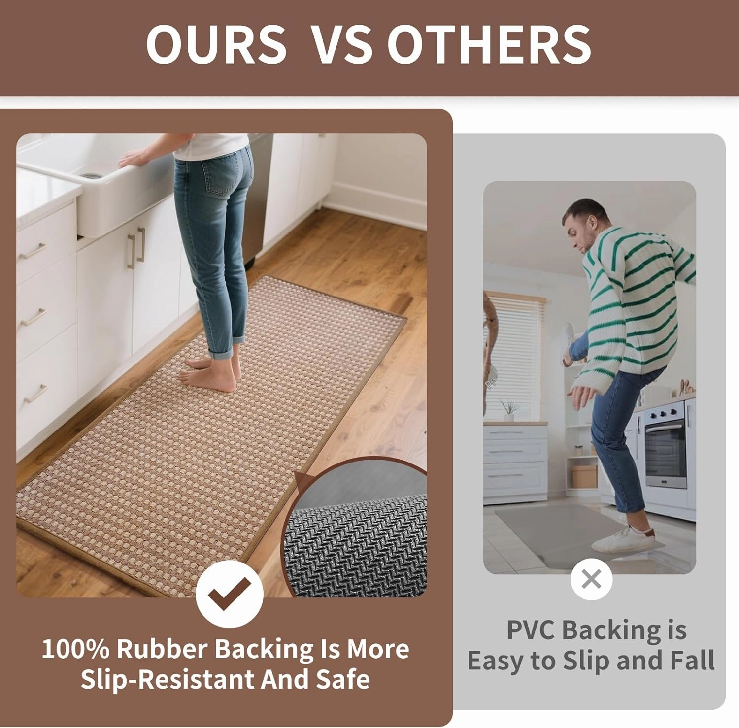 Kitchen Mats for Floor, Super Absorbent Kitchen Rugs Non Slip Washable, Rubber Backing Soft Chenille Braided Kitchen Runner Rug, Standing Mat Kitchen Sink Mat, Easy to Clean, Brown 17"x28"