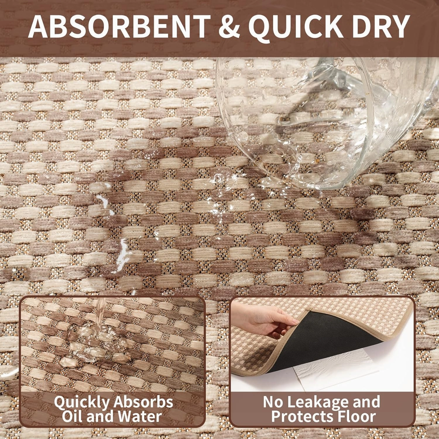 Kitchen Mats for Floor, Super Absorbent Kitchen Rugs Non Slip Washable, Rubber Backing Soft Chenille Braided Kitchen Runner Rug, Standing Mat Kitchen Sink Mat, Easy to Clean, Brown 17"x28"