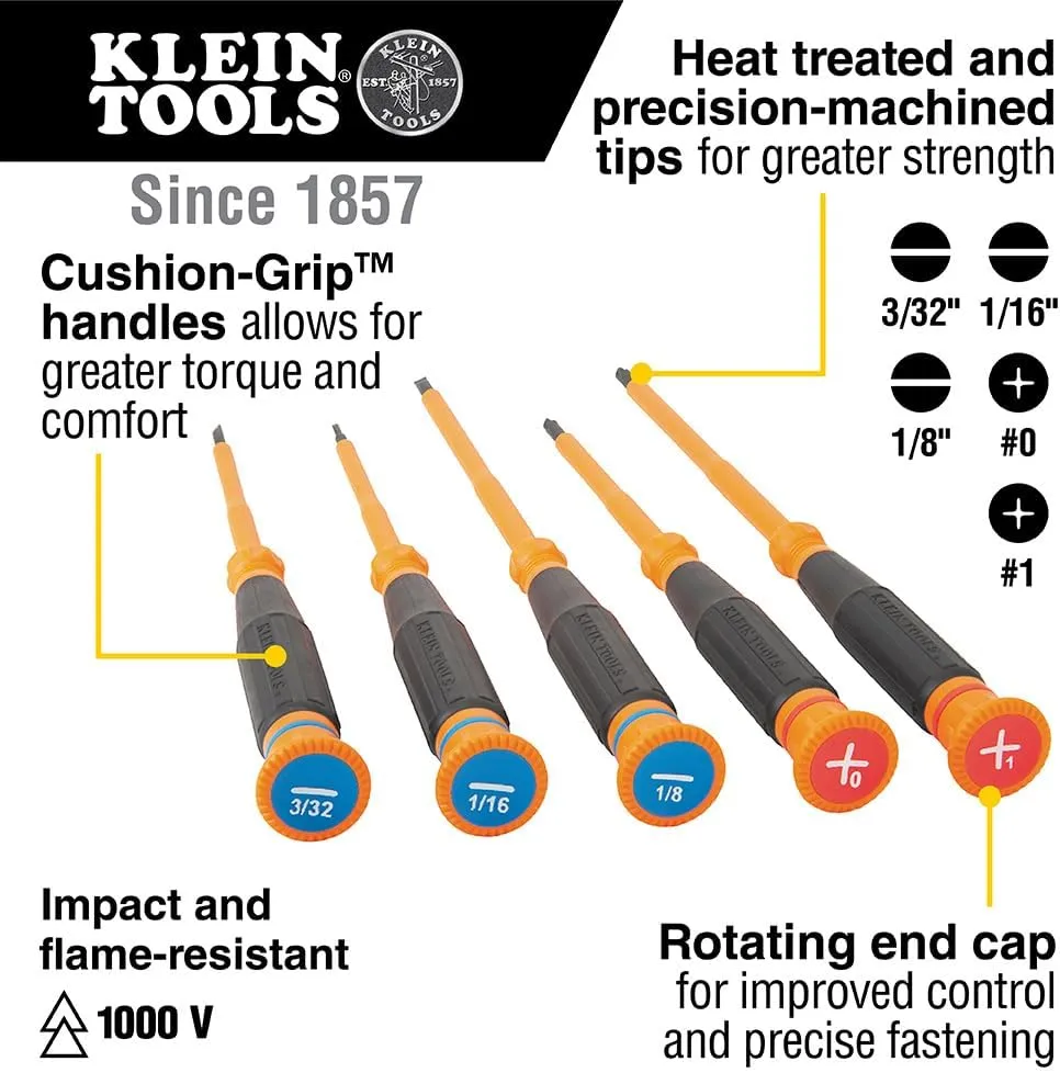 Klein Tools 85615INS Mini Precision Screwdriver Set, 1000V Rated Insulated Screwdrivers with (2) Phillips and (3) Slotted Tips, 5-Piece