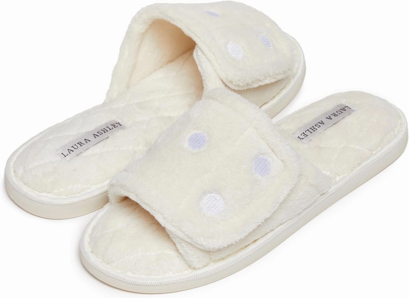 Laura Ashley Open Toe Velcro Band Fluffy Scuff Slippers for Women with Non-Slip Sole, Plush Memory Foam Slippers