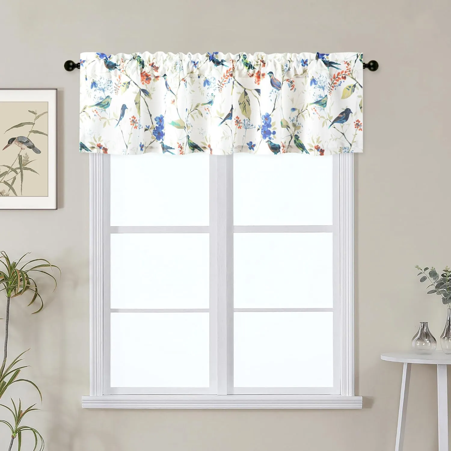 Leeva Country Kitchen Bird Curtains, Linen Textured Blue Curtain for Windows, Light Filtering Small Window Valance for Bedroom Living Room, 60 x14, 1 Piece, Rod Pocket