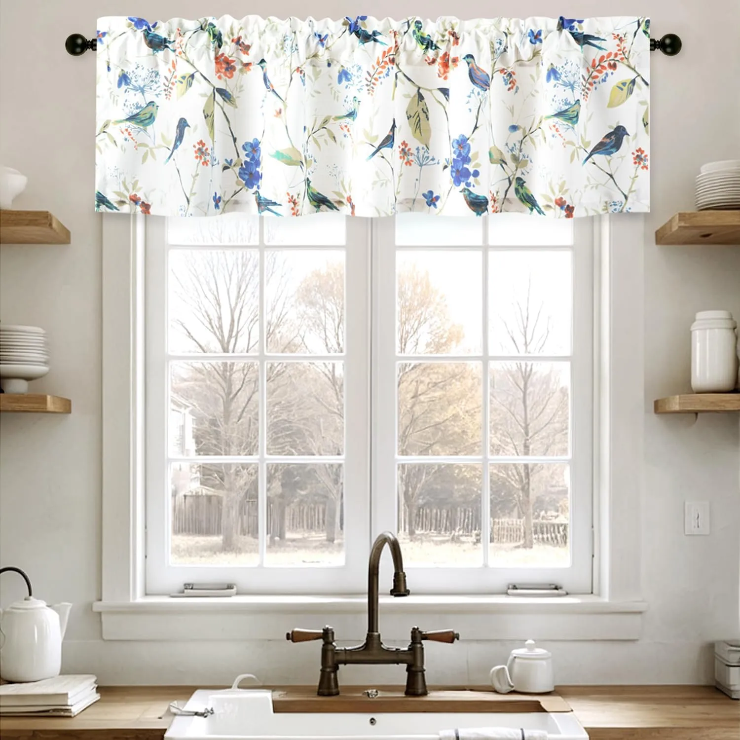 Leeva Country Kitchen Bird Curtains, Linen Textured Blue Curtain for Windows, Light Filtering Small Window Valance for Bedroom Living Room, 60 x14, 1 Piece, Rod Pocket