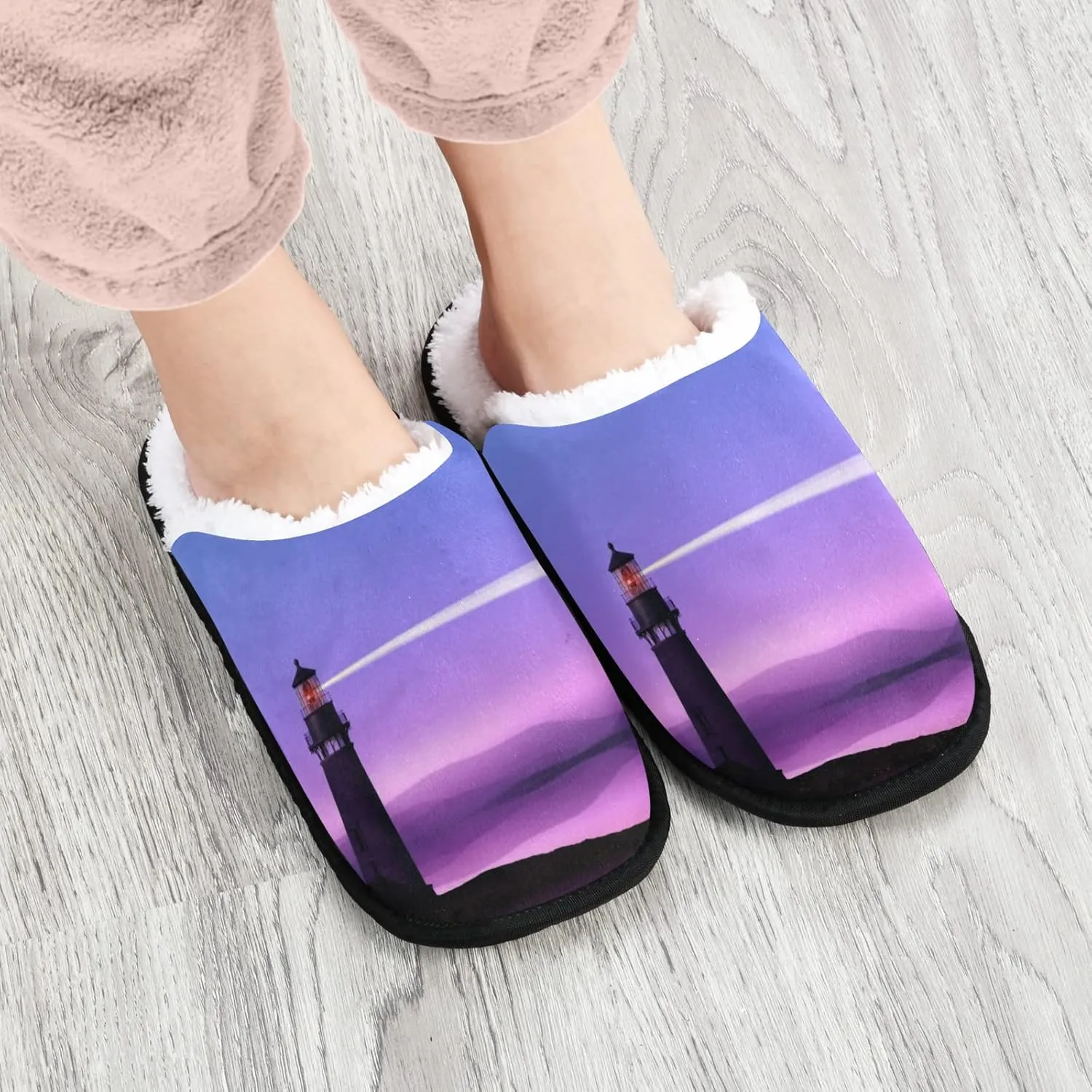 Lighthouse Moon Slippers, Soft Memory Foam Non-Slip Indoor House Slippers Home Shoes for Bedroom Hotel Travel Spa