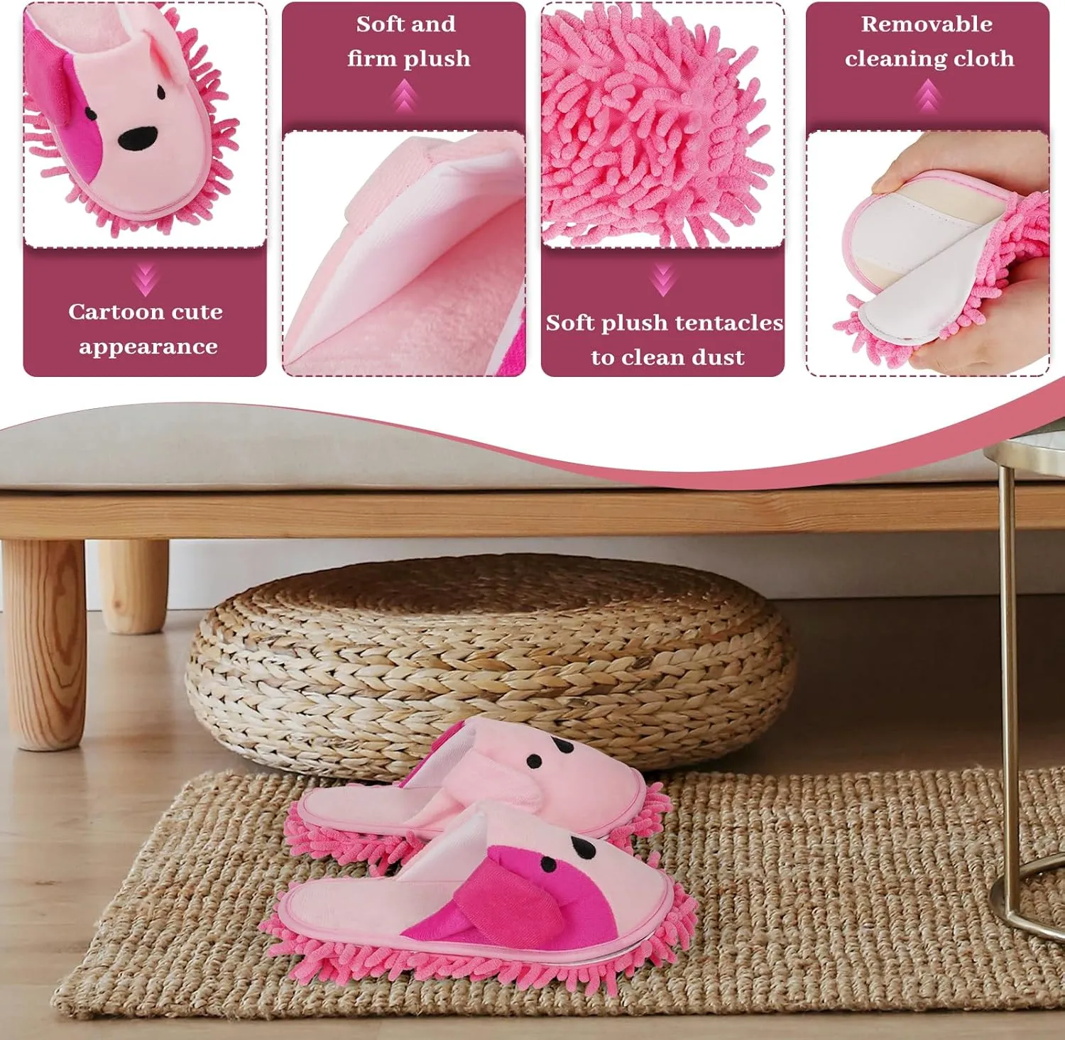 Liitrton Washable Chenille Microfiber Slippers Floor Dust Dirt Hair Detachable Microfiber Mop Slippers for Office Home Room (Pink, Women 7-9/Men 5-7)