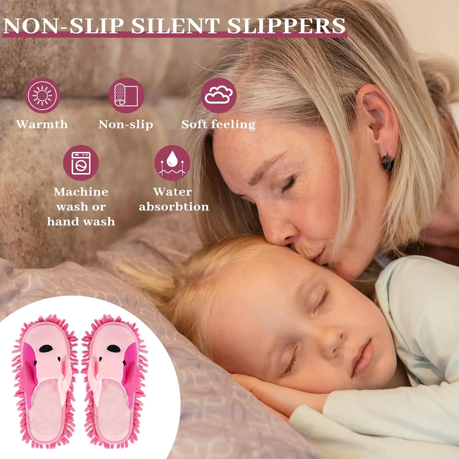 Liitrton Washable Chenille Microfiber Slippers Floor Dust Dirt Hair Detachable Microfiber Mop Slippers for Office Home Room (Pink, Women 7-9/Men 5-7)