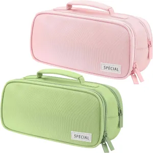 Lincia 2 Pack Large Capacity Pencil Cases with Handles Pen Pouch Organizer Canvas Pencil Bag Portable Makeup Bag Multi-slot Pen Bag Pouch Travel Holder Box for Office Supplies(Green,Pink)