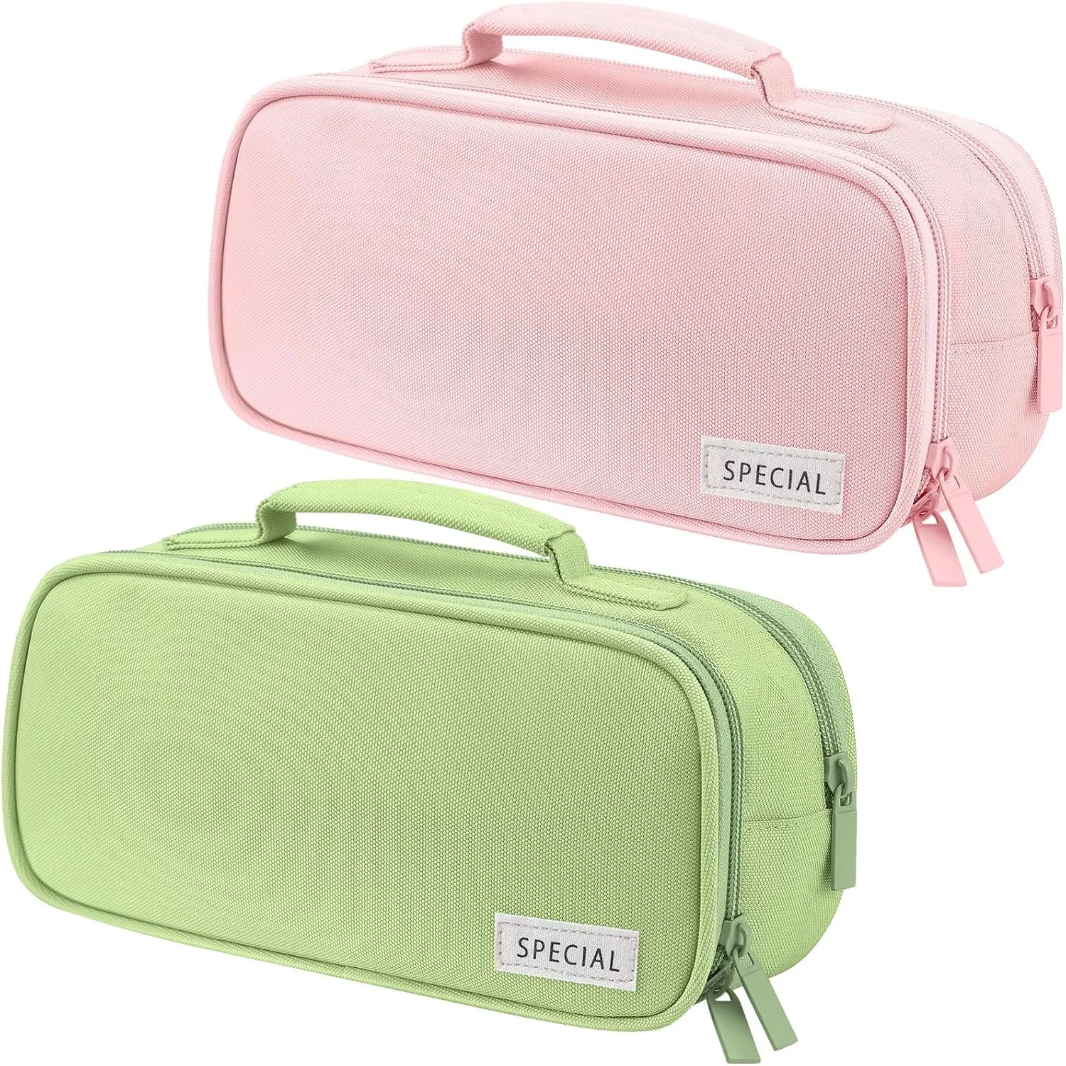 Lincia 2 Pack Large Capacity Pencil Cases with Handles Pen Pouch Organizer Canvas Pencil Bag Portable Makeup Bag Multi-slot Pen Bag Pouch Travel Holder Box for Office Supplies(Green,Pink)