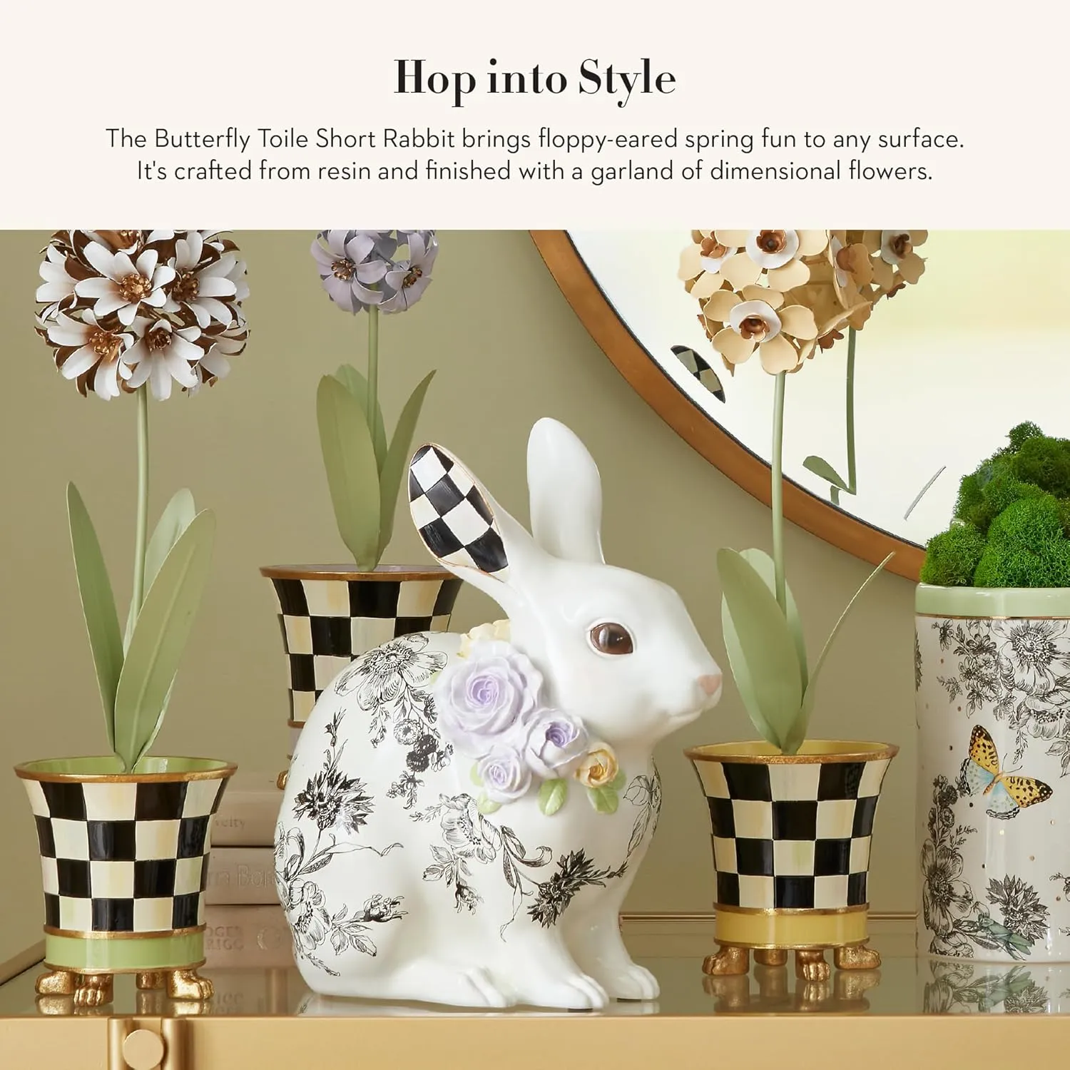MACKENZIE-CHILDS Butterfly Toile Bunny Figurine, Resin Rabbit Statue for Spring, Short