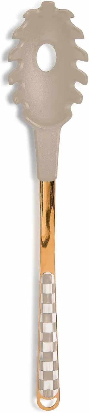 MACKENZIE-CHILDS Kitchen Pasta Spoon, Silicone Spaghetti Spoon, Brown-and-White Mocha Check