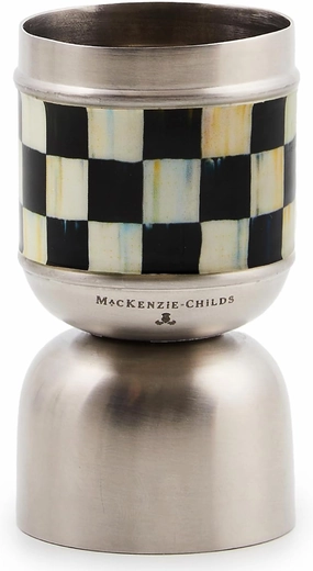 MACKENZIE-CHILDS 3260 Jigger, Metal Bar Tool, 1-Ounce and 1.5-Ounce Capacity, Black-and-White Courtly Check