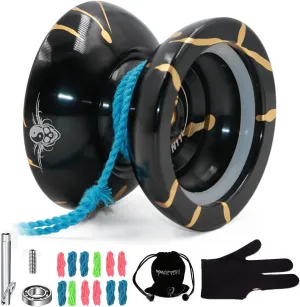 MAGICYOYO Alloy Professional Unresponsive Yoyo N11 yoyo Metal YoYo Ball Bearings with Bag, Glove, 12 Yoyo Strings and Responsive Bearing (Black with Golden)