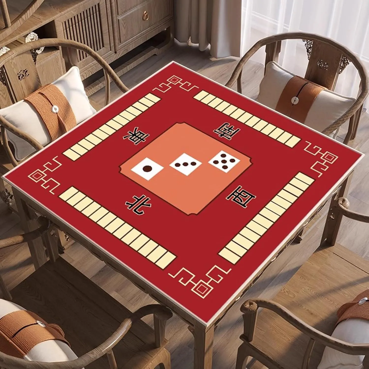 Mahjong Mat with Direction and Rules, Anti Slip and Noise Reducing Table Cover Board Card Game Mat with Carrying Bag and 3 Dice(Red,37.4x37.4 in)