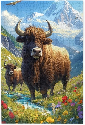Majestic Yak in Grassland 1000pcs Wooden Jigsaw Puzzle,Stunningly Vibrant Colors,Rugged Stress Relief,Premium Cut,Enjoy The Solving Process,Ideal for Relaxation and Family Fun