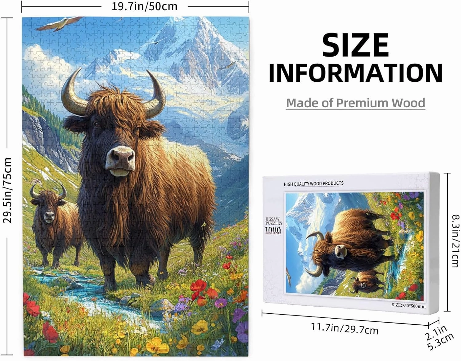 Majestic Yak in Grassland 1000pcs Wooden Jigsaw Puzzle,Stunningly Vibrant Colors,Rugged Stress Relief,Premium Cut,Enjoy The Solving Process,Ideal for Relaxation and Family Fun