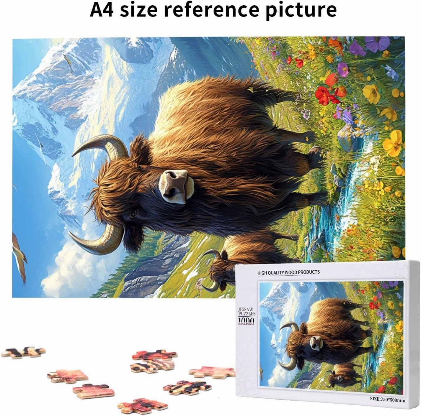 Majestic Yak in Grassland 1000pcs Wooden Jigsaw Puzzle,Stunningly Vibrant Colors,Rugged Stress Relief,Premium Cut,Enjoy The Solving Process,Ideal for Relaxation and Family Fun