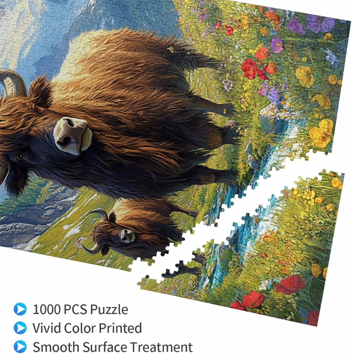 Majestic Yak in Grassland 1000pcs Wooden Jigsaw Puzzle,Stunningly Vibrant Colors,Rugged Stress Relief,Premium Cut,Enjoy The Solving Process,Ideal for Relaxation and Family Fun