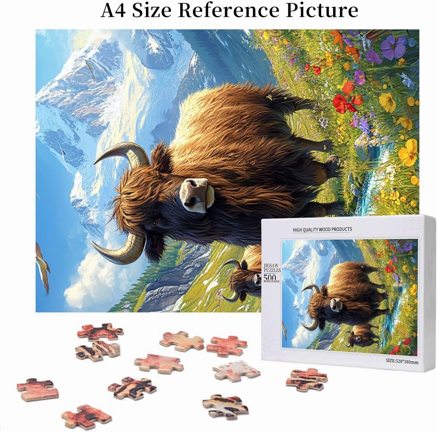 Majestic Yak in Grassland 500pcs Wooden Jigsaw Puzzle,Stunningly Vibrant Colors,Rugged Stress Relief,Premium Cut,Enjoy The Solving Process,Ideal for Relaxation and Family Fun