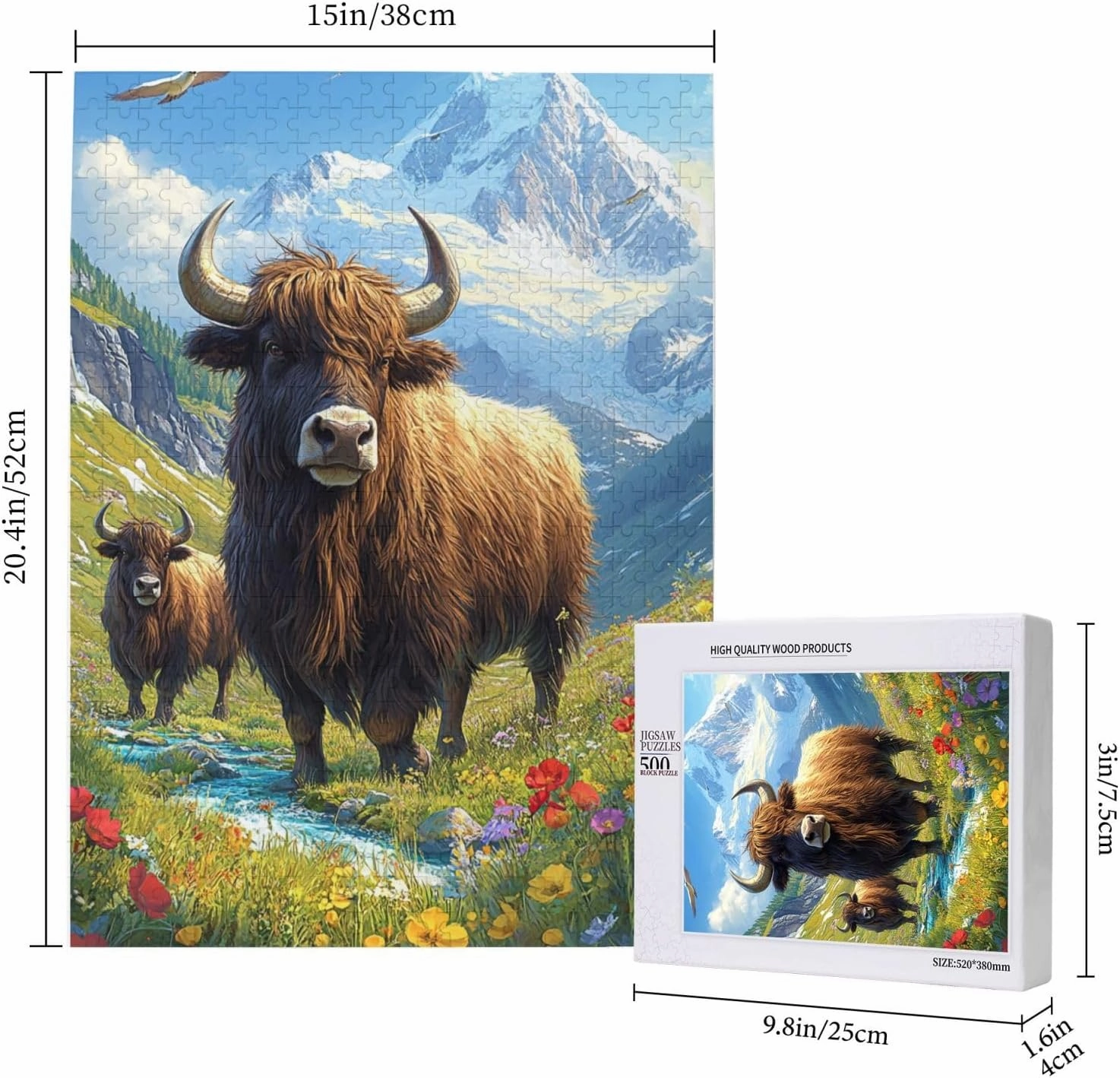 Majestic Yak in Grassland 500pcs Wooden Jigsaw Puzzle,Stunningly Vibrant Colors,Rugged Stress Relief,Premium Cut,Enjoy The Solving Process,Ideal for Relaxation and Family Fun